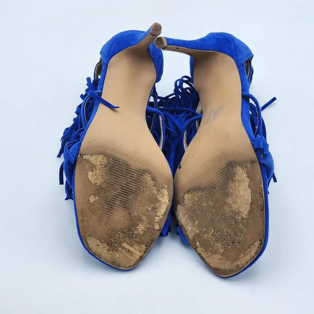 Steve Madden Fringly Funky Fringe Suede Pump Heels Boho Glam Royal Blue Size 9